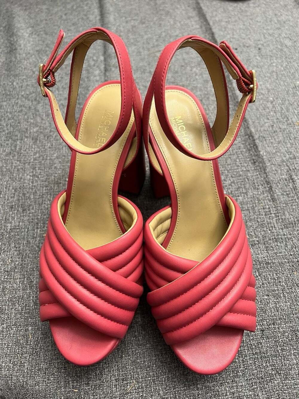 Michael Kors Royce Quilted Pink Platform Block Heel Sandals Size 7M
